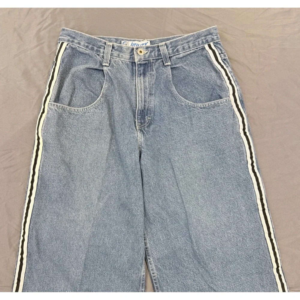 Vintage Utility Brand Wide Leg Baggy Jeans Side Stripe Blue Denim 34x30 Y2K